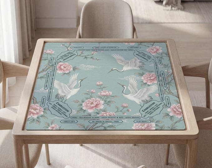 Personalized Chinoiserie Crane and Peonies Mahjong Mat with Instructions (Rules)