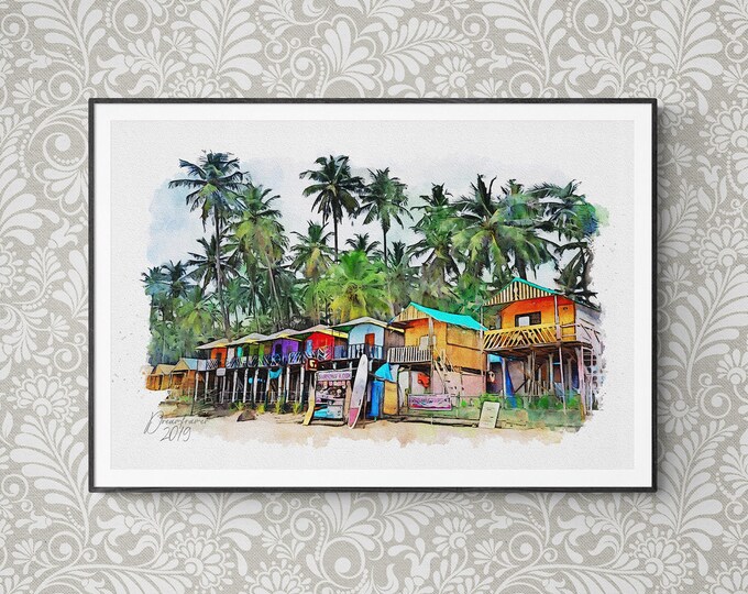 Beach in Goa Watercolor Print India Art Premium Quality Travel Poster Artful Wall Decor Unframed Wall Art