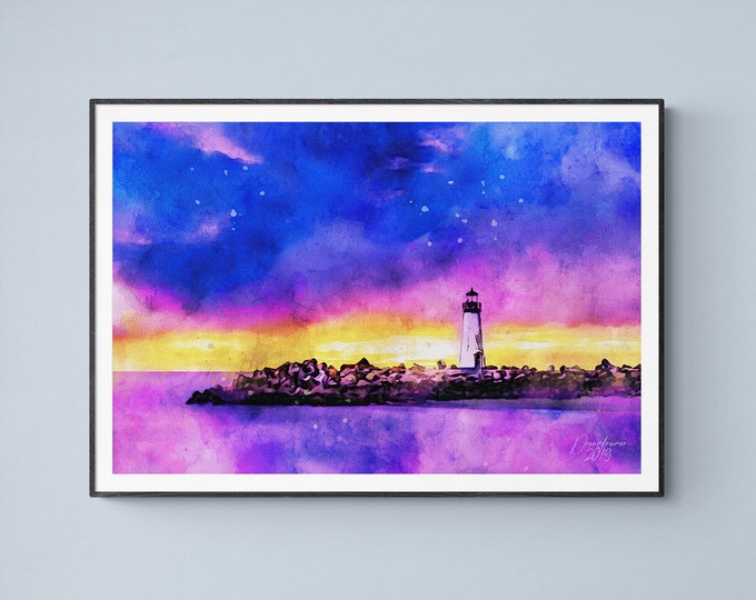 Walton Lighthouse in Santa Cruz Watercolor Print California Art Premium Quality Travel Poster Artful Wall Decor Unframed Wall Art