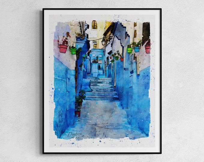 Artful Morocco Print, Moroccan Wall Art, Moroccan Blue City Chaouen Poster, Custom Personalized Artful Gift for Art Lovers, Unframed Print