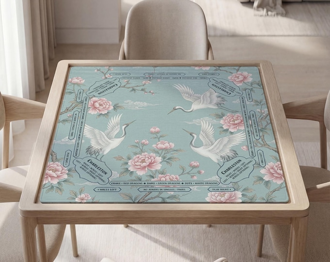 Personalized Chinoiserie Crane and Peonies Mahjong Mat with Instructions (Rules)