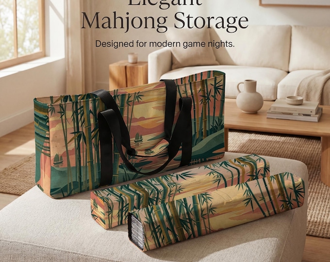 Scenic River Sunset Mahjong Tote: Bamboo Forest Design, Travel Bag