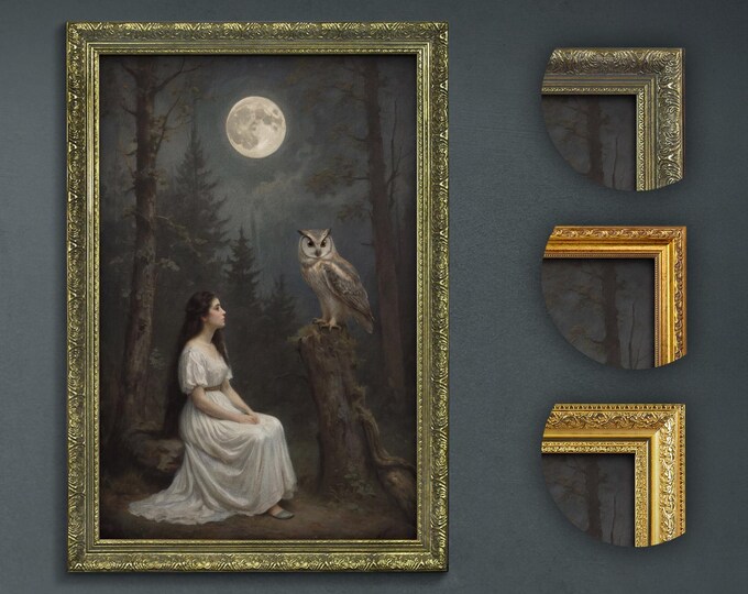 Moonlit Forest Art Print: Woman, Owl, Gothic Home Decor
