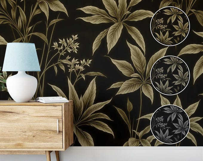 Dark Peel and Stick Botanical Wallpaper, Black and Beige Tropical Canvas, Removable Modern Floral Accent Wall for Bedroom or Living Room