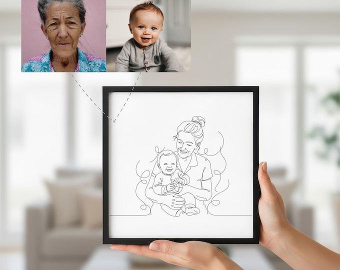 Minimalist One Line Portrait, Grandparent and Grandchild (Custom Digital Download)