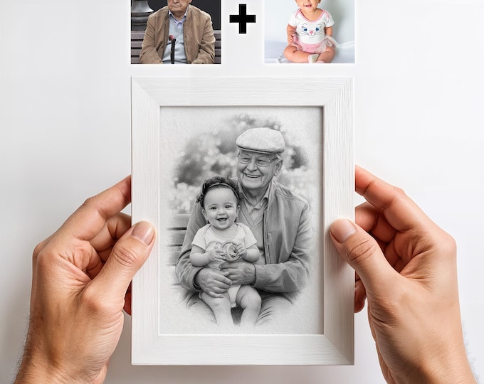 Grandparent and Grandchild Portrait: Personalized Pencil Art Print from Photos