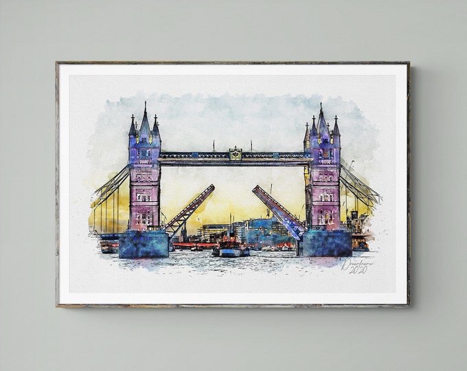 Tower Bridge in London Watercolor Print England Art Premium Quality Travel Poster Artful Wall Decor Unframed Wall Art