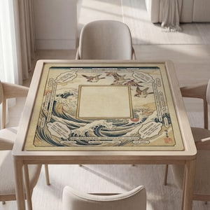 Custom Mahjong Mat, Great Wave Sparrows, Ukiyo-E Ocean, Soft Fabric Surface