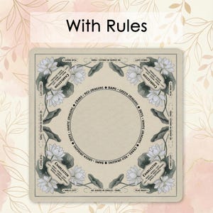 a square card with a floral design and text surrounding a central circle.