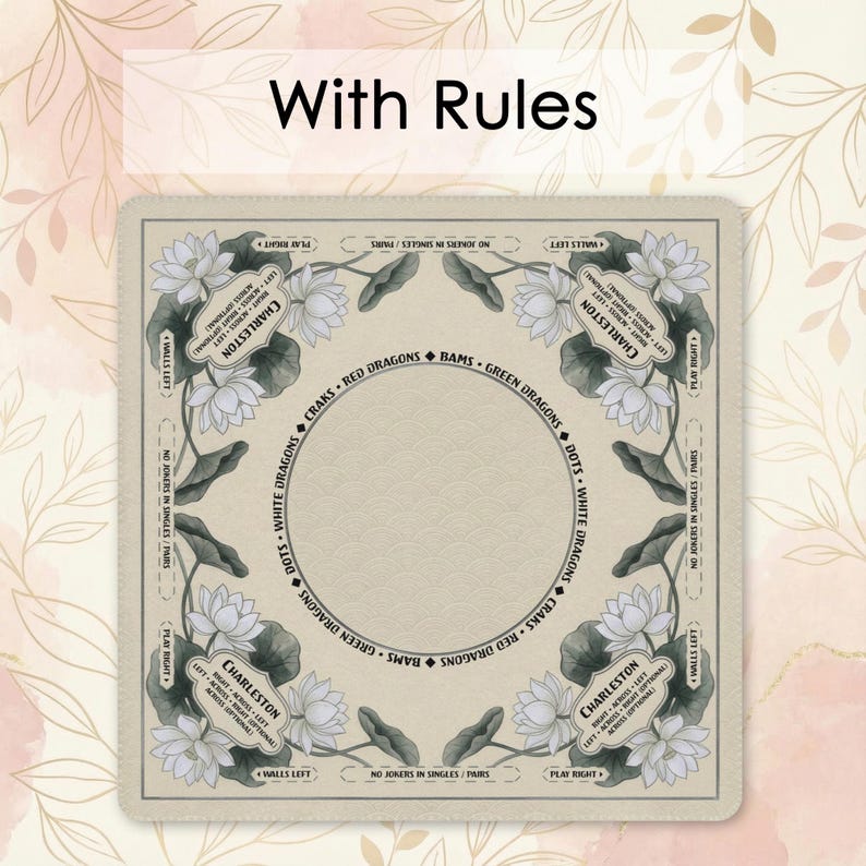 a square card with a floral design and text surrounding a central circle.