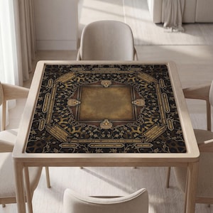 May include: A wooden card table with a decorative playing surface. The surface features a brown and gold design with text that reads "Charleston" and "Walls Left". The table is surrounded by four chairs.