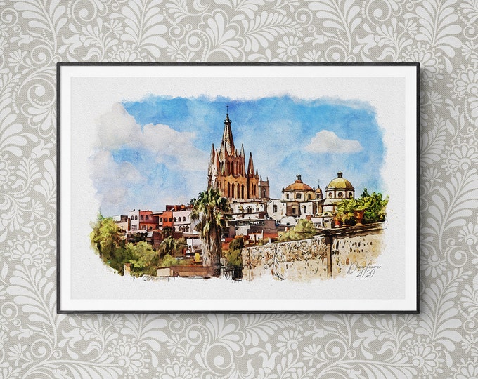 Cathedral of San Miguel de Allende Watercolor Print Mexico Art Premium Quality Travel Poster Artful Wall Decor Unframed Wall Art