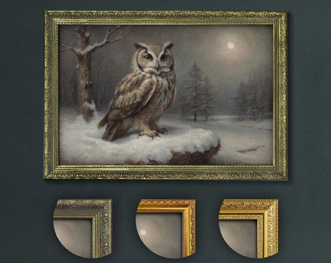 Majestic Owl in Moonlit Snowscape, Dark Academia Art Print, Winter Wildlife Scene, Atmospheric Nocturnal Bird, Enigmatic Forest Decor