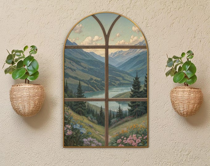Arched Window Canvas Print: Highland Mountain Landscape, Gold Frame