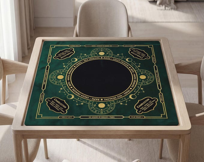 Personalized Emerald Gold Celestial Mahjong Mat with Instructions (Rules), Waterproof