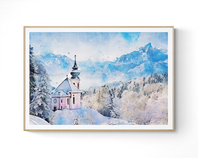 Church of Maria Gern Watercolor Print Bavaria Germany Art Travel Wall Art Travel Poster Artful Wall Decor Unframed Wall Art