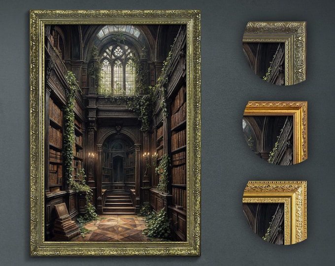 Library Wall Art: Moody Dark Academia Scene - Framed Vintage Style