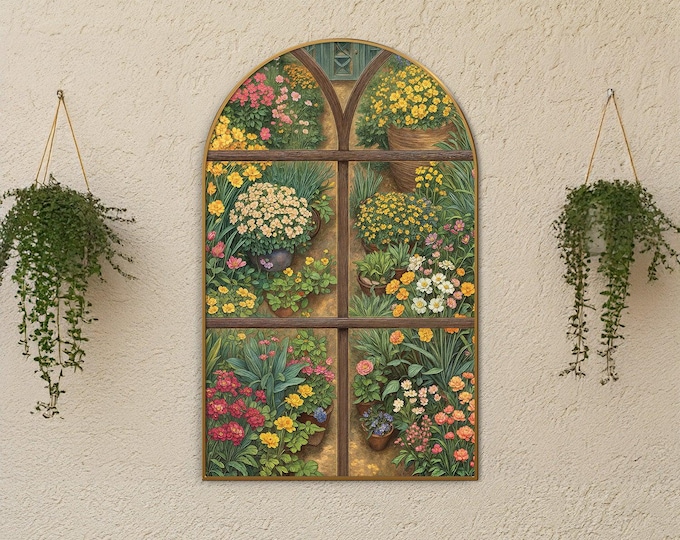 Arched Floral Canvas Art: Garden Window Print, Botanical Wall Decor