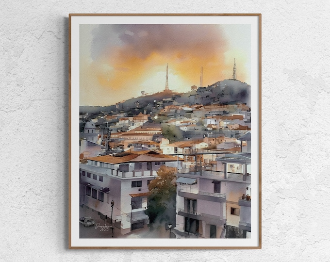 Puerto Vallarta Old Town and Hills Watercolor Print Mexico Art Premium Quality Travel Poster Artful Wall Decor Unframed Wall Art