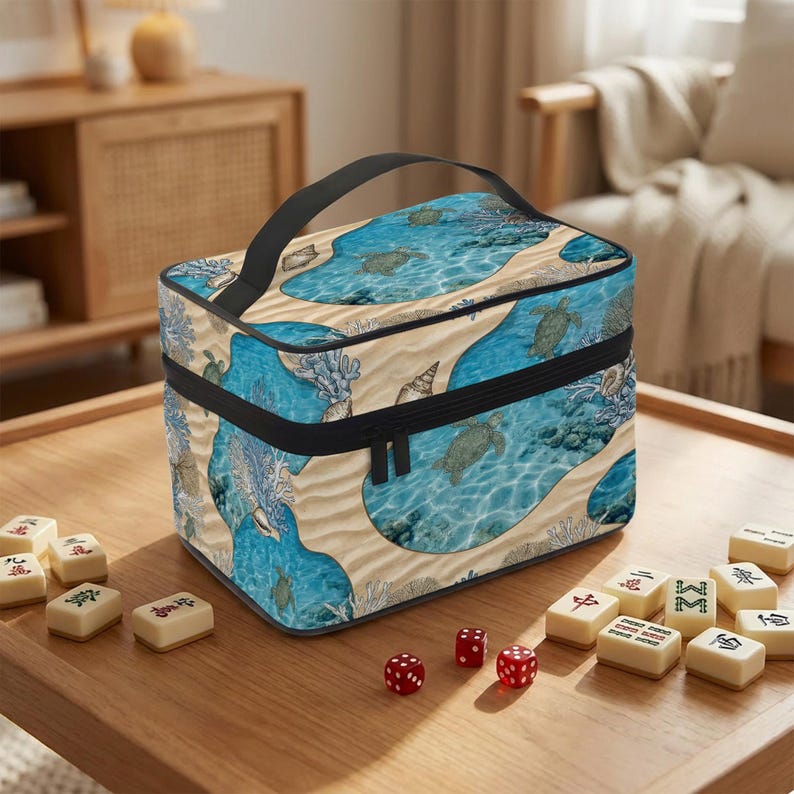 A colorful, patterned lunch bag sits on a wooden table, surrounded by playing tiles and red dice.