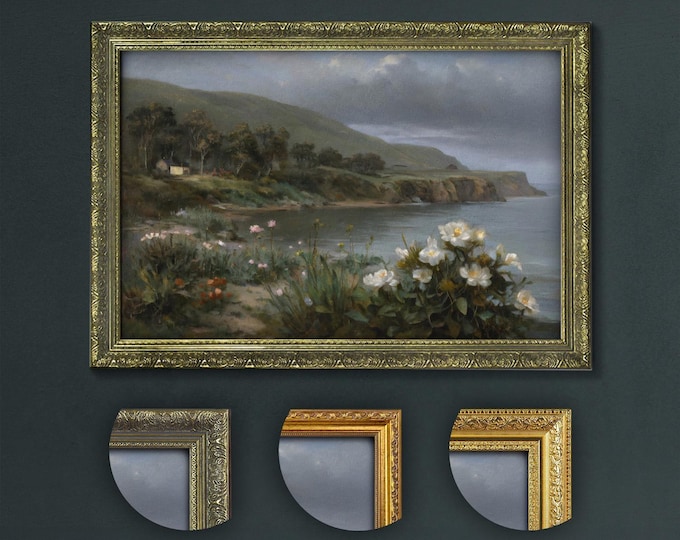 Coastal Landscape Art Print: Dark Academia Beach, Wildflowers, Stormy Skies