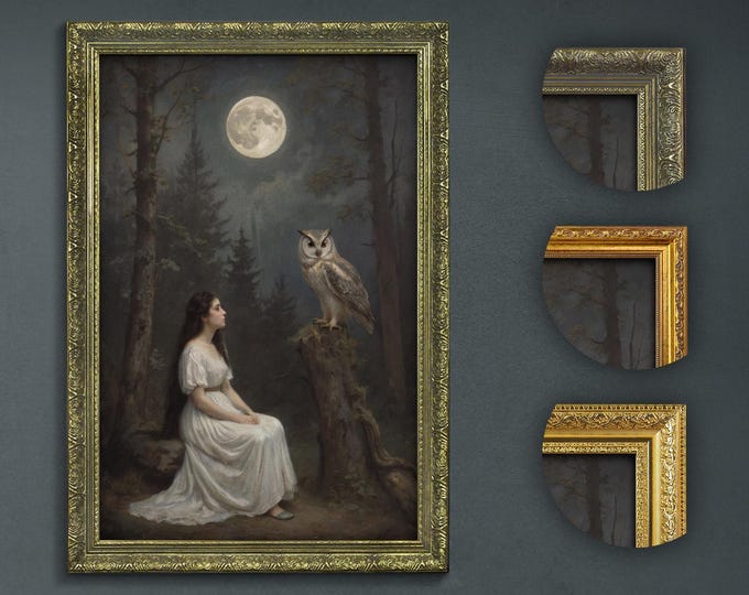Moonlit Forest Art Print: Woman, Owl, Gothic Home Decor