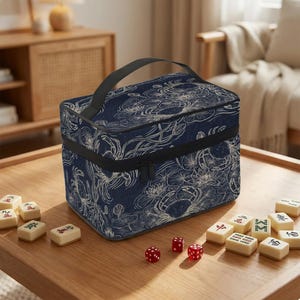A blue and white patterned bag is placed on a wooden table, surrounded by Chinese checkers and red and white dice.