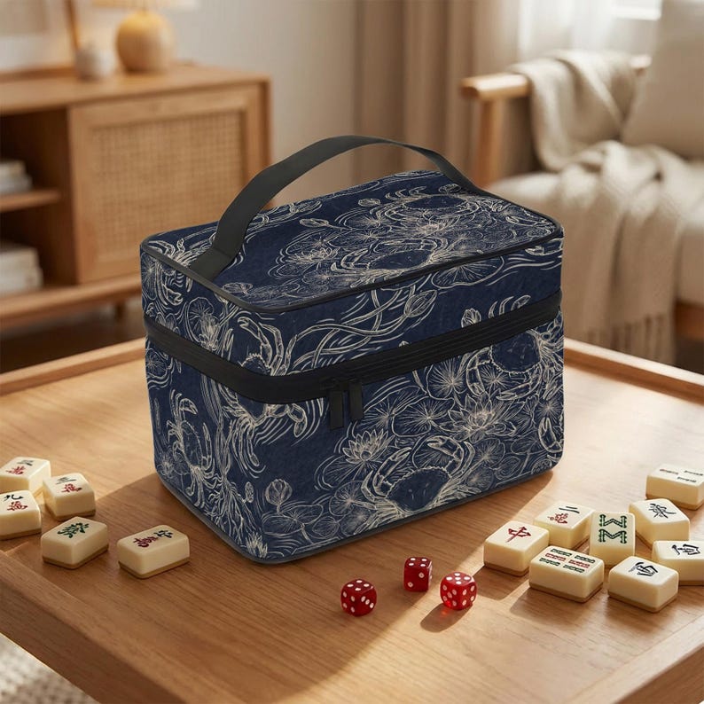 A blue and white patterned bag is placed on a wooden table, surrounded by Chinese checkers and red and white dice.