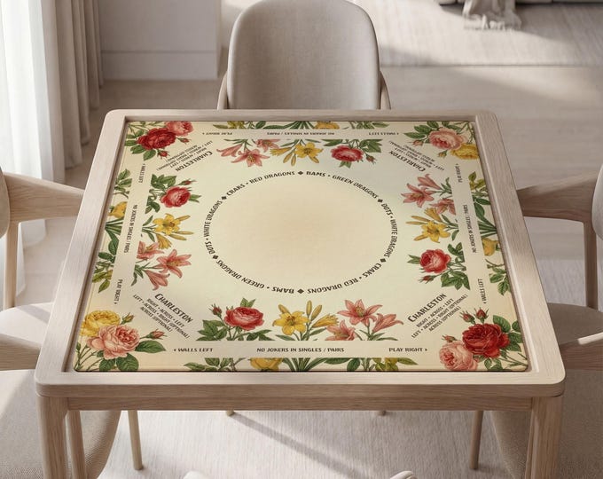 Custom Mahjong Mat with Instructions - Floral Design Featuring Peonies, Bag Included