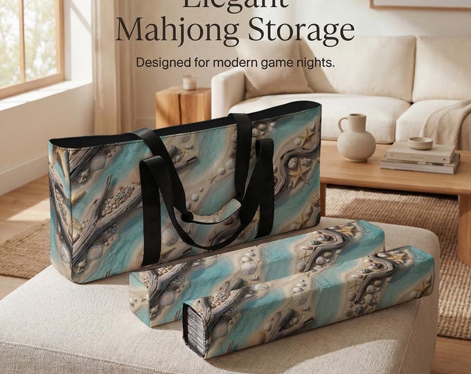 Coastal Beach Mahjong Tote Bag Set with Protective Tile and Rack Storage Sleeves