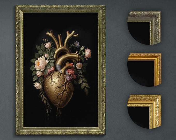 Moody Dark Wall Art, Golden Heart & Flowers, Dark Academia Decor, Artful Prints, Moody Decorative Art, Moody Artful Print, Dark Witchy Decor