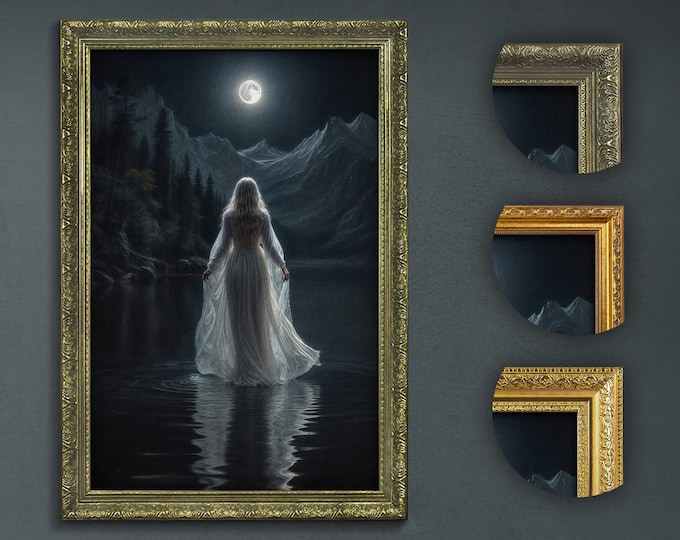 Moonlit Night Art Print, Dark Academia Decor, Mysterious Woman in Moonlight, Night Lake Scenery, Enigmatic Midnight Stroll, Elegant Wall Art