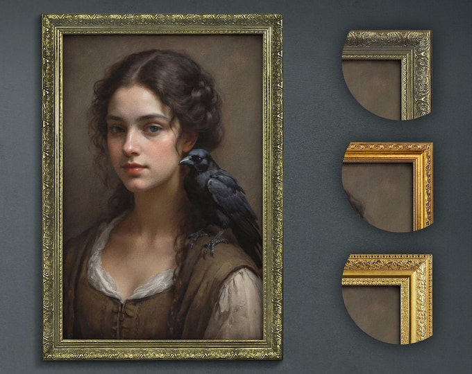 Renaissance Woman Portrait with Crow: Dark Academia Gothic Wall Art