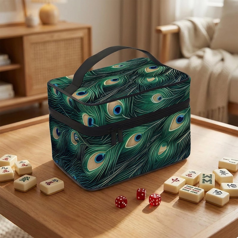 A colorful lunch bag with a peacock feather pattern sits on a wooden table, surrounded by playing cards and red dice.