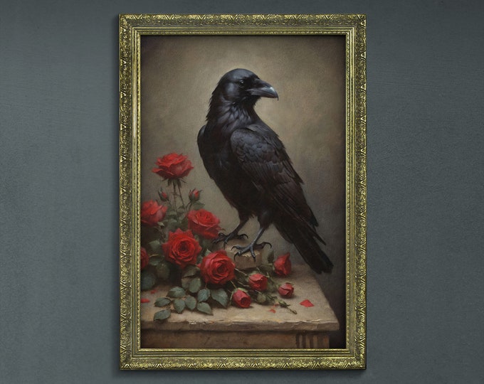 Moody Dark Raven Wall Art, Dark Academia Decor, Rustic Dark Cottagecore Decor, Moody Cottagecore Wall Art, Dark Moody Framed Retro Wall Art