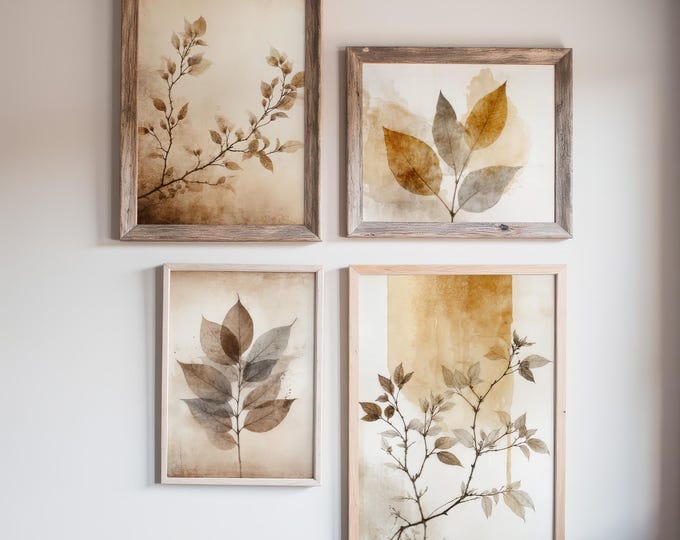 Neutral Botanical Prints Set - Beige and Sepia Leaf Wall Art