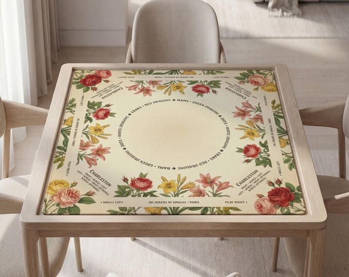 Custom Mahjong Mat with Instructions - Floral Design Featuring Peonies, Bag Included