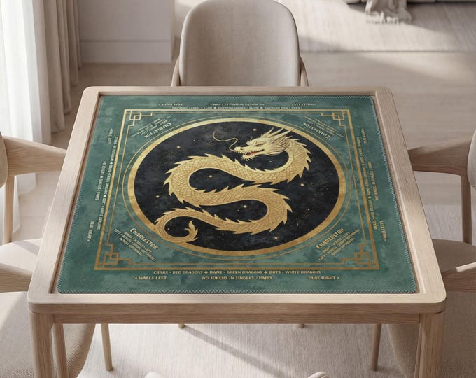 Personalized Masculine Mahjong Mat with Instructions (Rules): Green Dragon Design