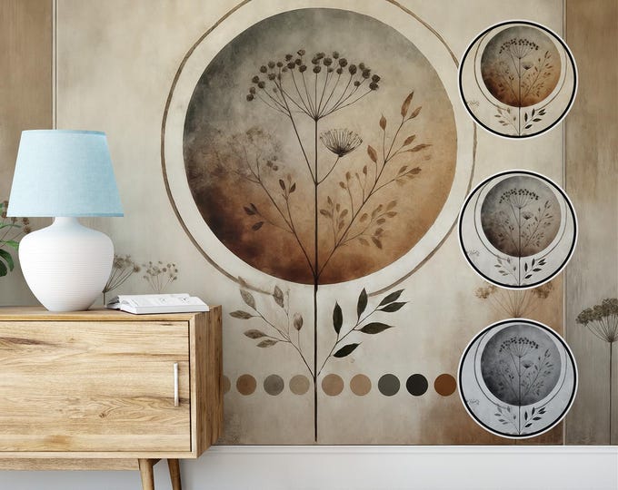 Modern Japandi Self-Adhesive Canvas Wallpaper, Neutral Botanical Wall Mural, Minimalist Floral Peel and Stick Wallpaper, Boho Wall Decor