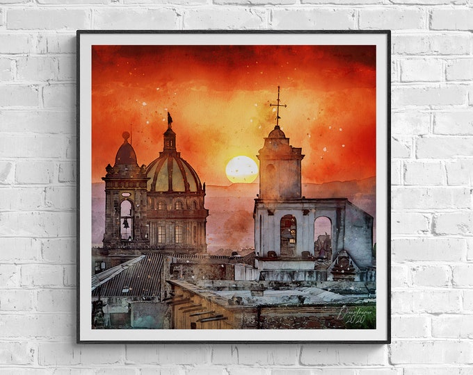 San Miguel de Allende Sunset Watercolor Print Mexico Art Premium Quality Travel Poster Artful Wall Decor Unframed Wall Art