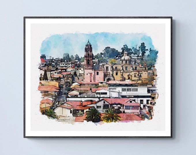 Tlalpujahua Watercolor Print Michoacan Mexico Art Premium Quality Travel Poster Artful Wall Decor Unframed Wall Art
