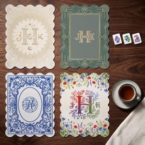 Custom Mahjong Shuffler Cards Set of 4, Monogrammed Scalloped or Classic Mah Jongg Tile Shufflers, Durable PVC Made