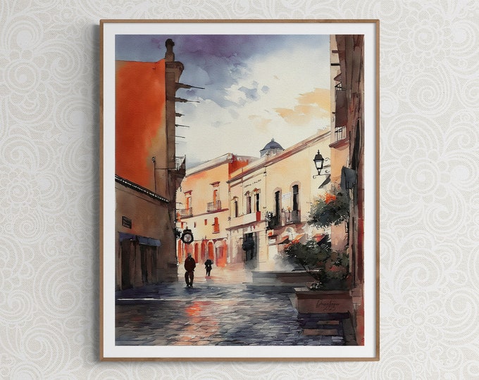 Downtown Queretaro Watercolor Print Mexico Art Premium Quality Travel Poster Artful Wall Decor Unframed Wall Art