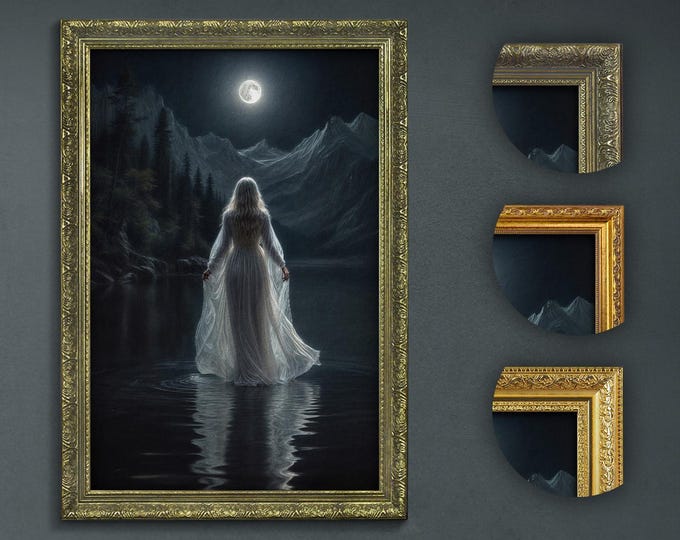 Moonlit Night Art Print: Dark Academia Woman, Lake Scenery