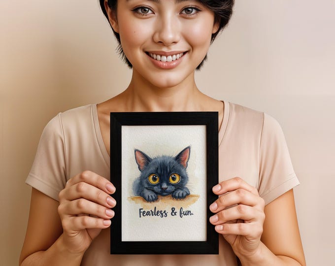Fearless & Fun Black Cat Print – Halloween Affirmational Watercolor Wall Art Gift, 5x7 in (13x18 cm)