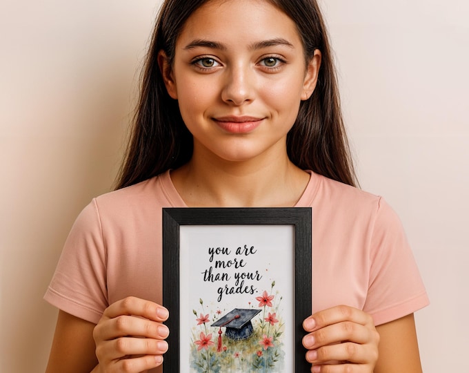 Graduation Wall Art, Student Affirmation Quote Print, Cap and Flowers Watercolor, Mindful Decor