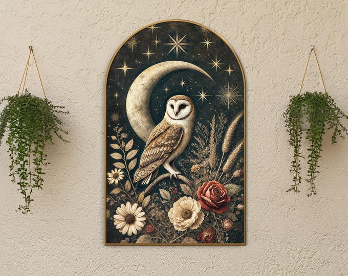 Dark Cottagecore Barn Owl Print, Starry Moonlit Floral Arch Canvas, Enchanted Woodland Decor, Rustic Boho Night Sky Art for Cozy Interiors