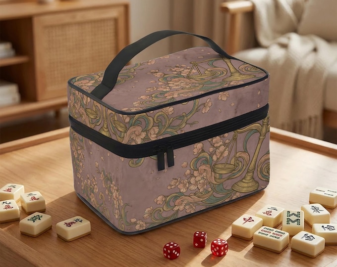 Mahjong Tile Case: Libra Scales Floral Design (Mauve, Travel Size)