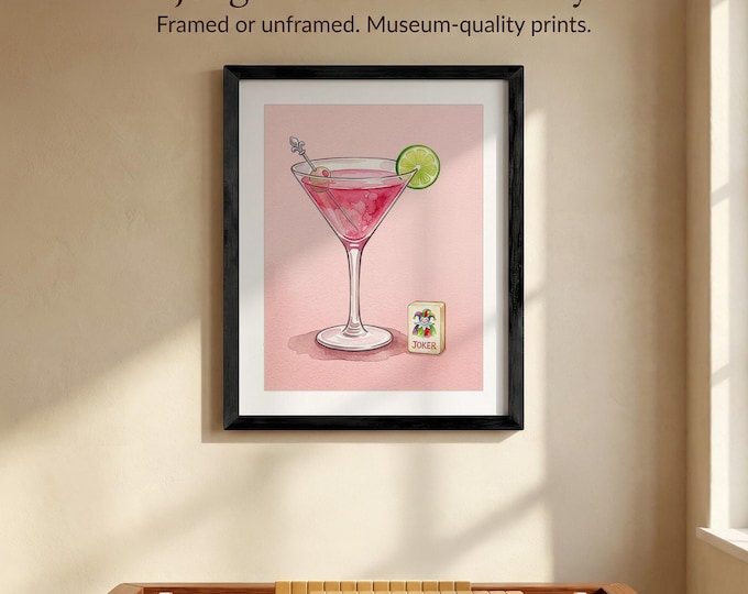 Cosmopolitan Cocktail and Joker Mahjong Tile Watercolor Art Print