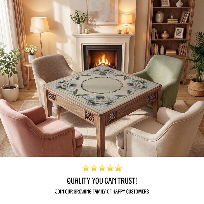 a cozy living room with a fireplace, a square table with a decorative top, and four chairs arranged around the table. The room is decorated with various plants and vases, creating a warm and inviting atmosphere.
